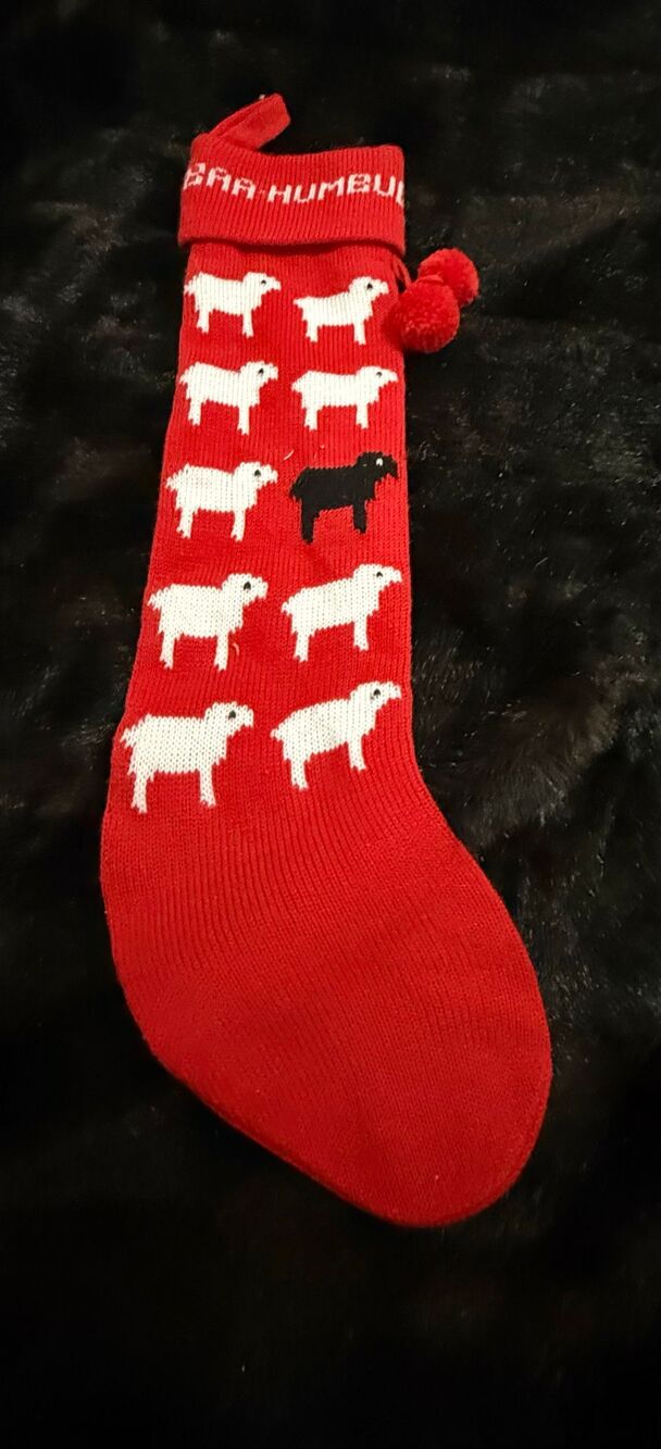 Vtg Baa Humbug Christmas Stocking Red Black Sheep Knit Midwest of Cannon Falls